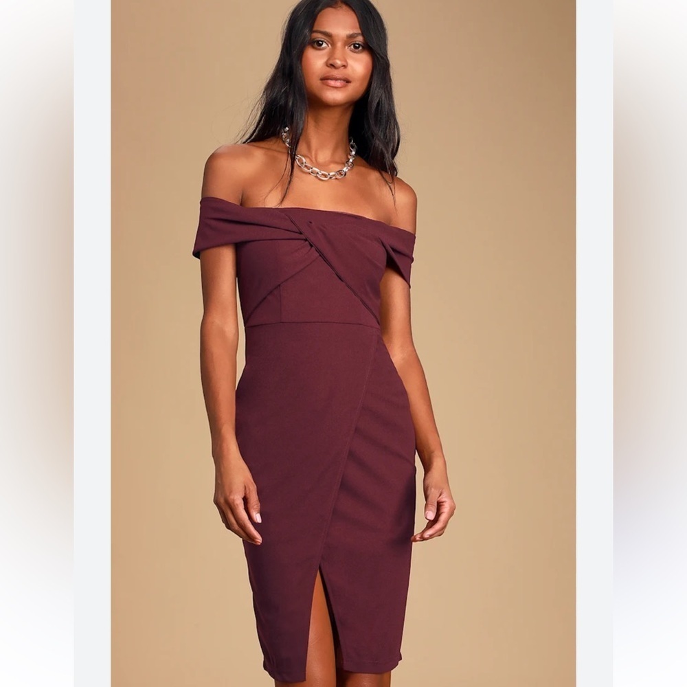 NWT LULUS Small Can't Resist Plum Twist Front Off-the-Shoulder Bodycon Dress